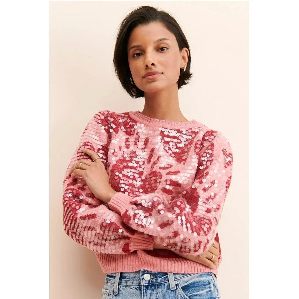 Farm Rio Sequin Hearts Knit‎ Sweater Small Pink Red Wool Blend Love Puff Sleeves
